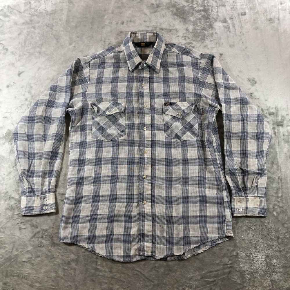Vintage Lee Shirt Mens Large Blue Plaid Long Sleeve Button Front USA Casual